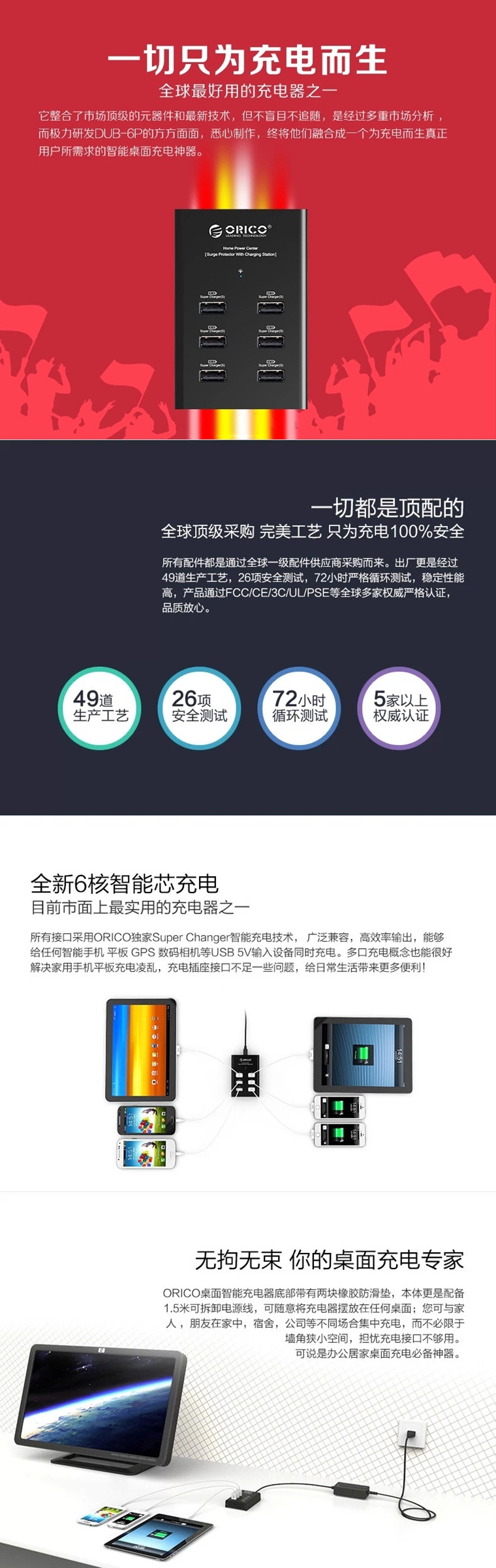 ORICO奥睿科 6口USB超级充电器 DUB-6P 手机平板数码充电排插 单口2.4A输出