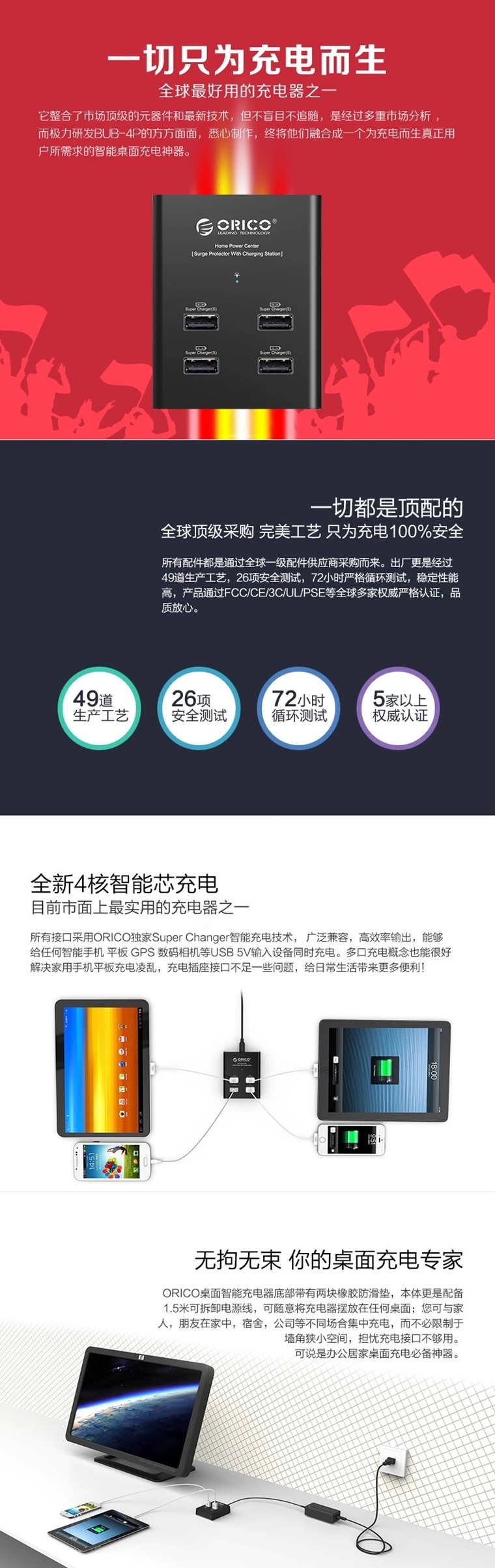 ORICO奥睿科 4口USB超级充电器 DUB-4P 手机平板数码充电排插 单口2.4A输出