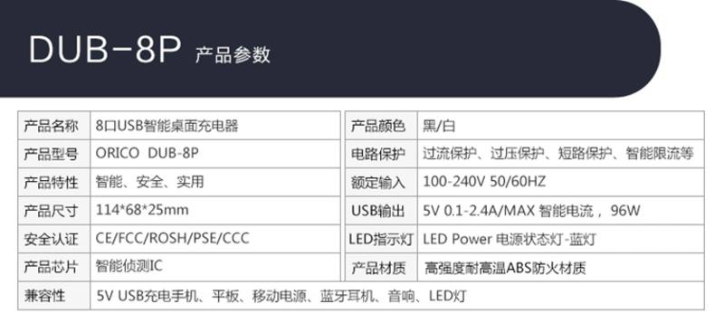 ORICO奥睿科 8口USB超级充电器 DUB-8P 手机平板数码充电排插 单口2.4A输出