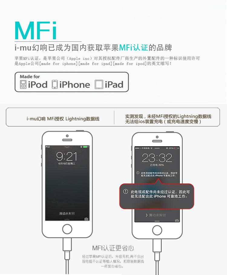 幻响（i-mu）苹果MFI认证数据线电源充电线 防缠绕面条扁线1米 兼容ios8