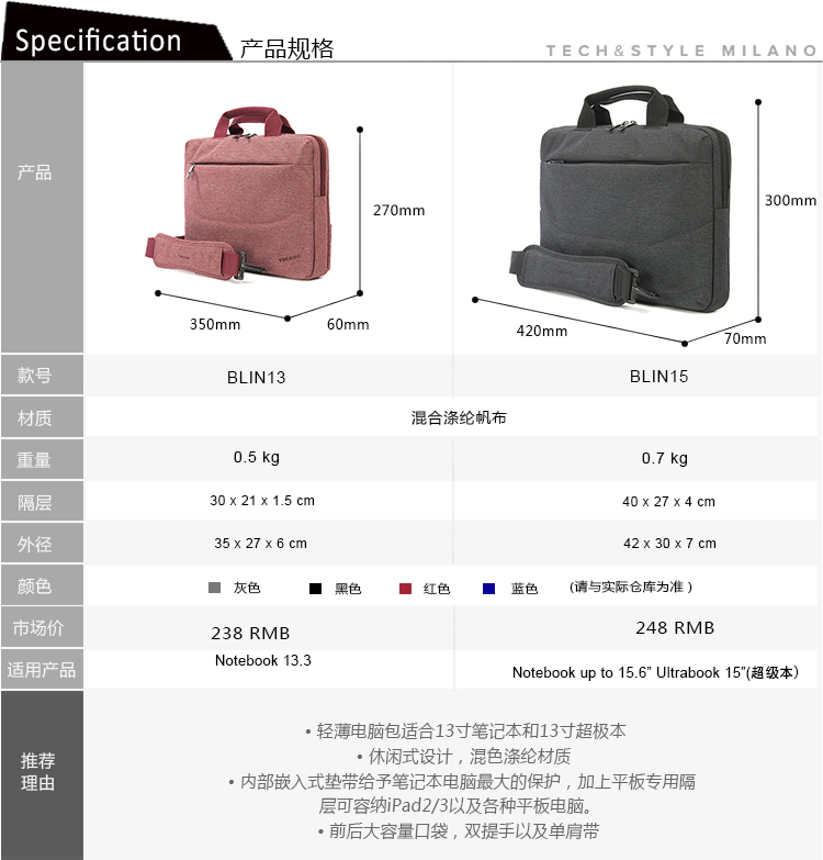 Tucano托卡诺 15寸超级本手提包BLIN15 轻薄电脑包 轻便商务笔记本单肩包 时尚轻便电脑包