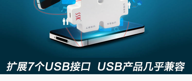 SSK飚王 积木 7口USB HUB集线器 SHU011 白色 带电源适配器