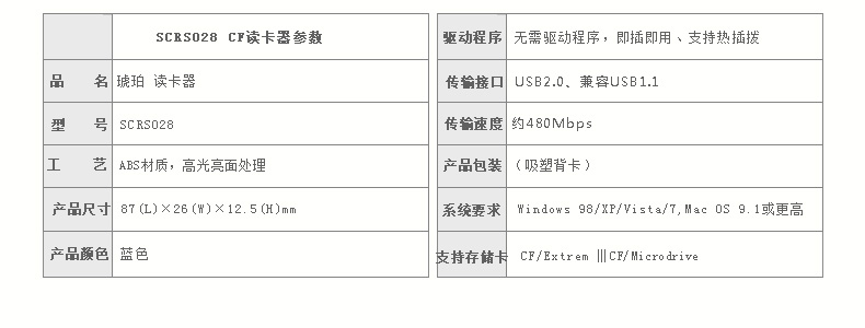 SSK飚王 SCRS028琥珀 CF卡专用读卡器 USB2.0高速直读 相机CF卡读卡器