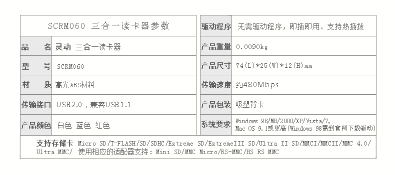 SSK飚王 灵动 三合一多功能读卡器 SCRM060