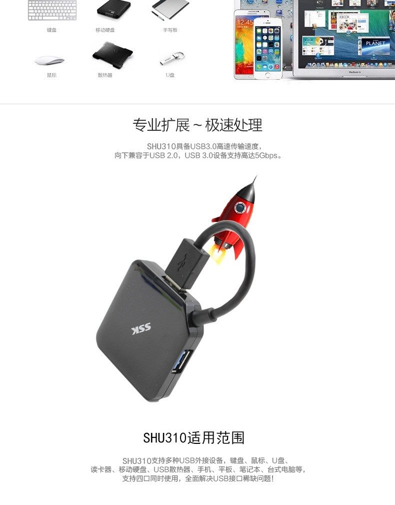 SSK飚王 SHU310 一拖四 4口USB3.0 hub集线器 高速扩展usb分线器