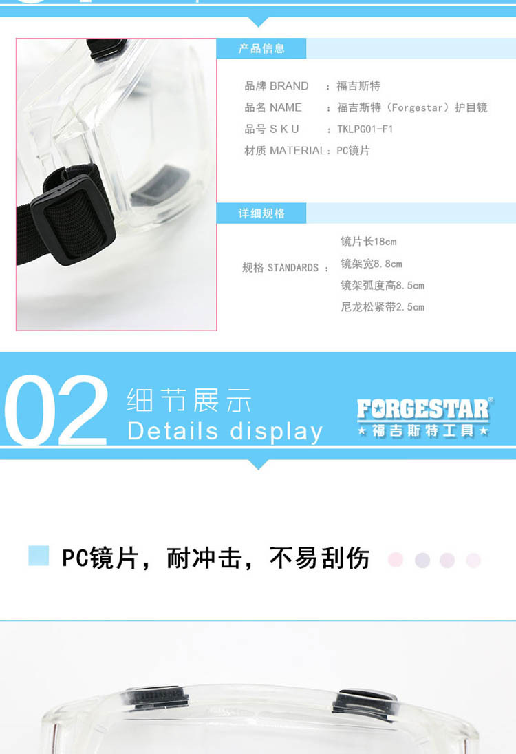 福吉斯特（Forgestar）护目镜 可带近视眼镜劳保护目镜 户外防雾 防风 防冲击喷溅防尘防沙