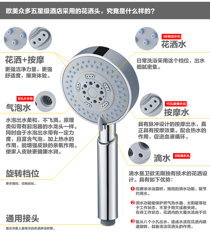 卫欲无限 五功能水泡花洒头+不锈钢软管套装