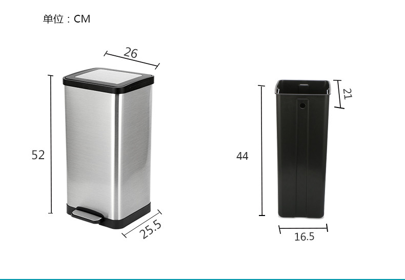 凯米/KIMI 15升个性气质方形静音缓降盖加厚不锈钢垃圾桶 厨房卧室垃圾桶N56-15L
