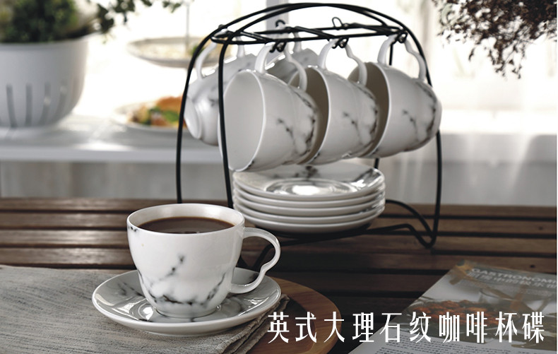 凯米/KIMI 陶瓷 简约 咖啡杯 咖啡碟 英式大理石纹咖啡杯碟6件套