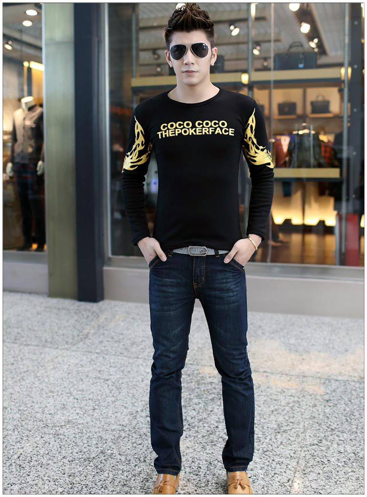 朗欣韩版潮流男士加绒加厚长袖修身型潮流时尚衣服男长袖T恤S-T96601