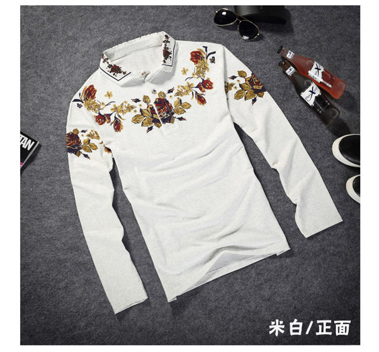 朗欣男士长袖修身型薄款潮流时尚长袖中国风花卉印花长袖T恤S-T9902