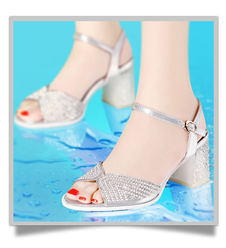 古奇天伦2014夏季时尚水钻女凉鞋英伦粗跟方跟高跟鞋水晶跟鱼嘴鞋女鞋8029