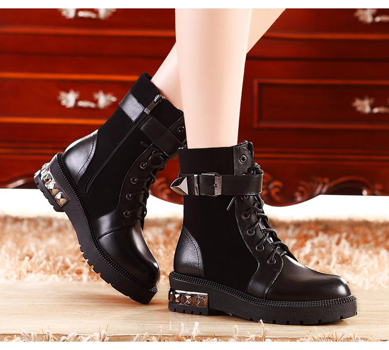 莫蕾蔻蕾秋冬新款短筒时尚皮带扣女靴子厚底平底马丁靴加绒保暖女鞋