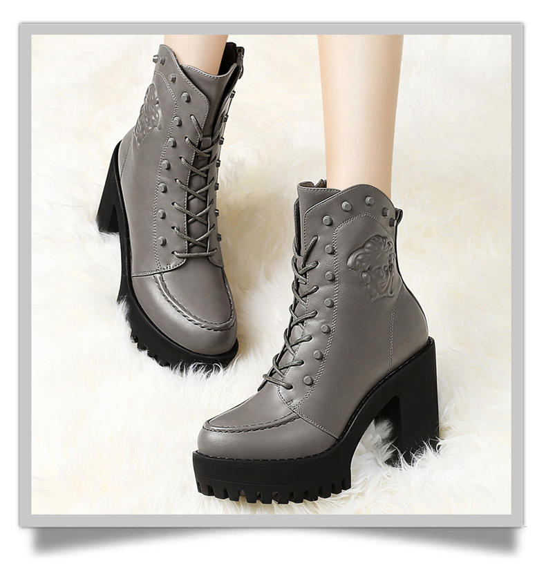百年纪念秋冬欧美女靴子铆钉加绒女鞋子高跟粗跟马丁靴防水台厚底短靴