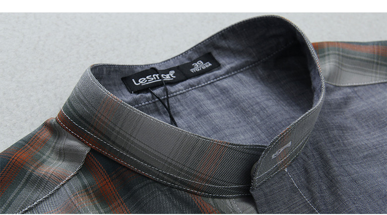 lesmart款男衬衣上装英伦风纯色格纹拼接立领长袖衬衫 SL136123