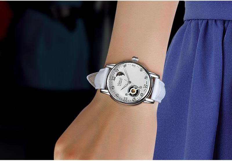 尼尚 (Nesun) 全自动机械女士表 镂空飞轮机械女表 真皮表带手表 LN9063D