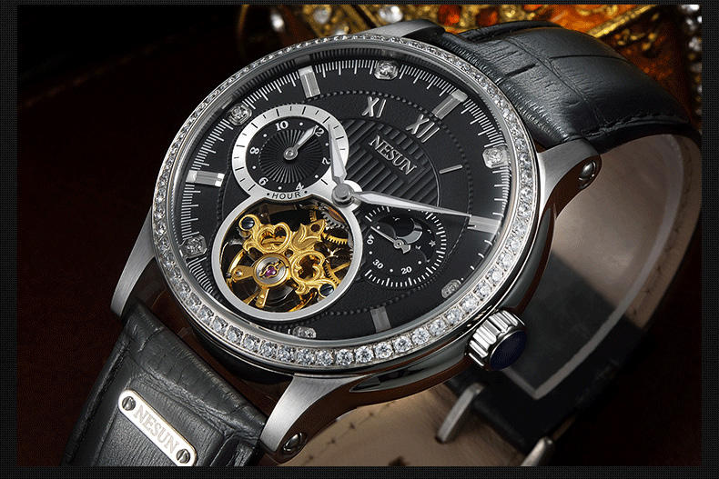 尼尚(Nesun)手表 自动机械表 精钢镂空镶水钻 时尚商务休闲男士钢带表 MS9093系列