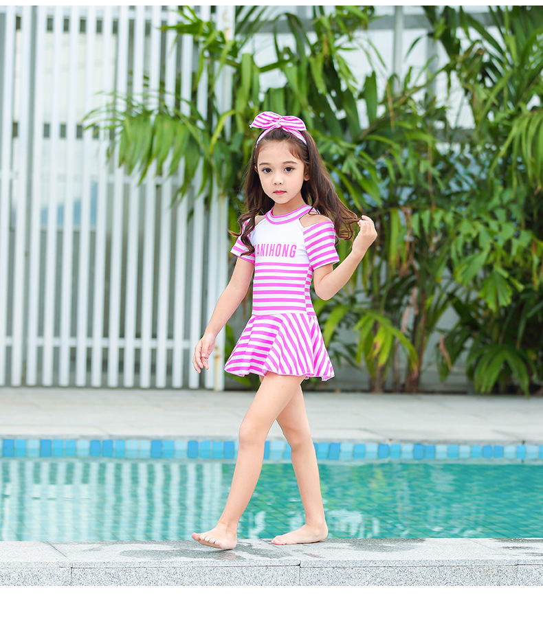 女孩中大童条纹可爱游泳衣韩国公主学生泳装连体裙式新款儿童泳衣海恋