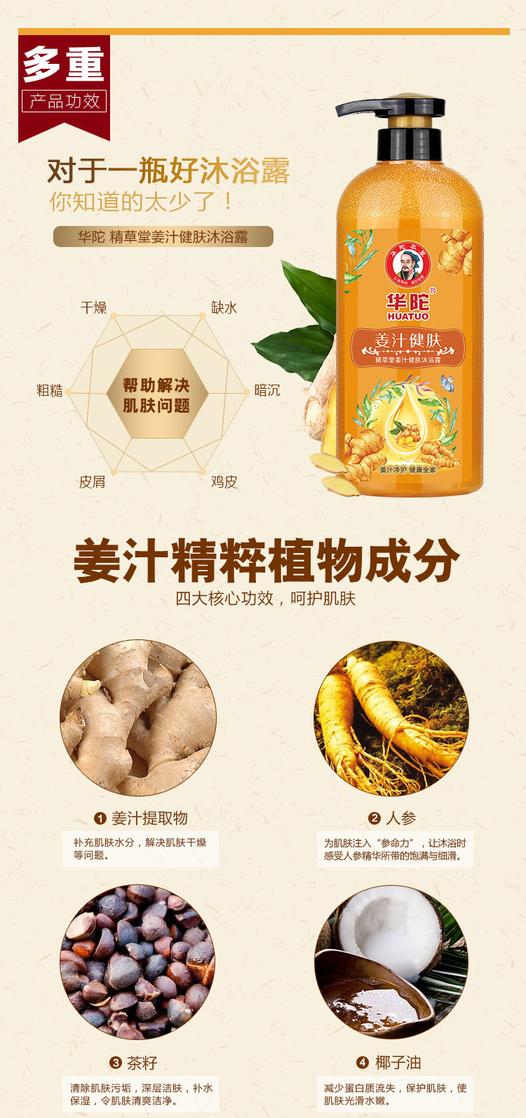 华陀 生姜姜汁洗发水露+沐浴露乳液补水嫩肤增发固发去屑