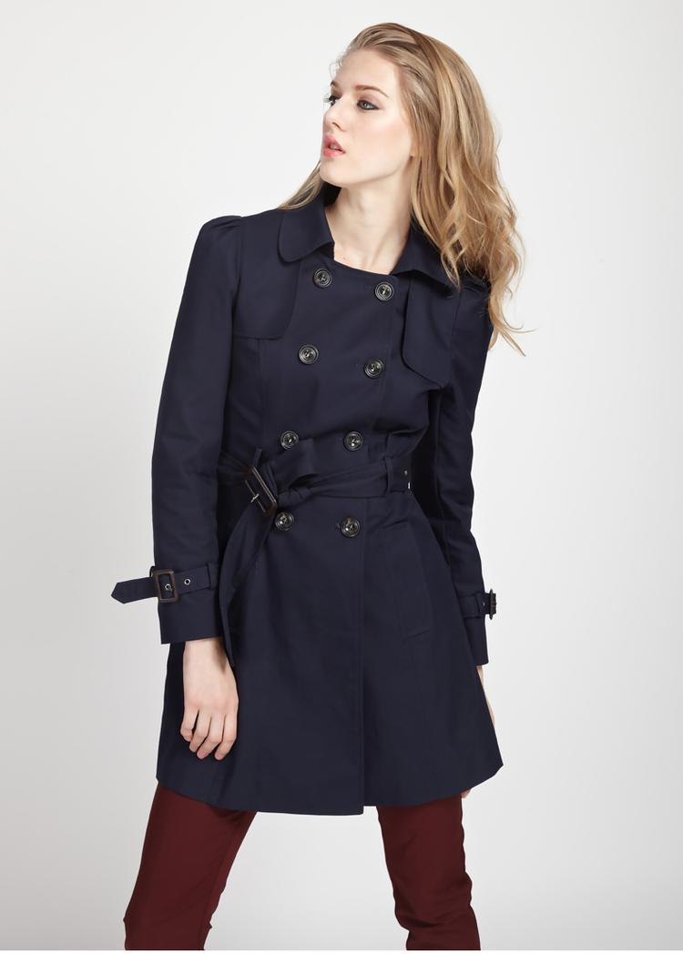 罗卡斯  2014秋装女装韩版修身中长款 双排扣风衣外套14-3303