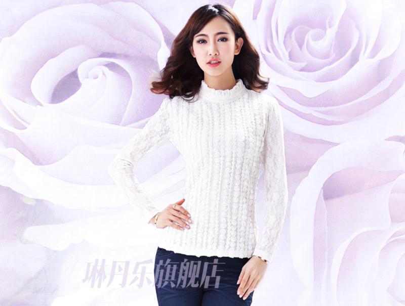 琳丹乐韩版2015春装新款女装蕾丝上衣百搭拼接纯色 长袖打底衫女