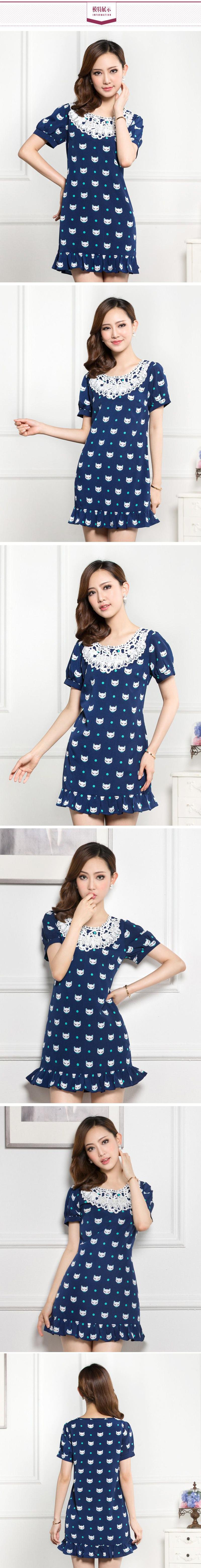琳丹乐2015夏装新款韩版显瘦猫咪荷叶边连衣裙 减龄显瘦大码女装