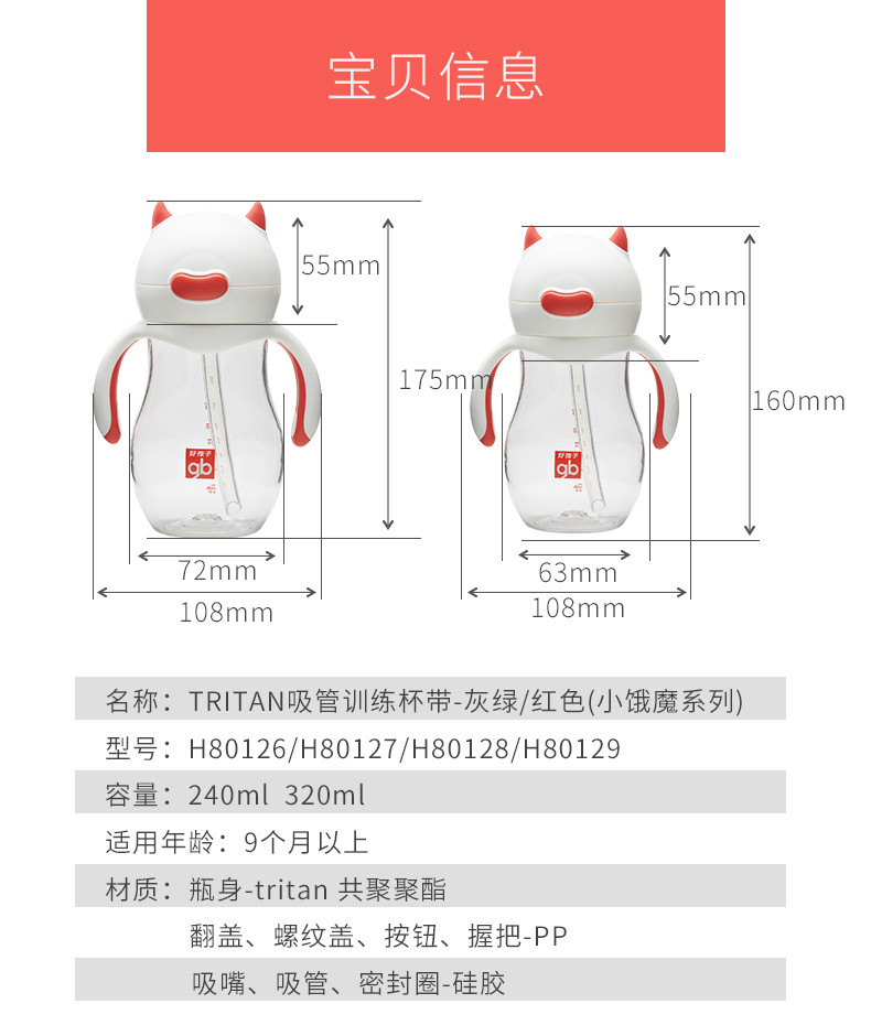 gb好孩子小饿魔婴儿水杯宝宝学饮杯吸管训练杯带握把儿童防漏水杯幼儿园水壶