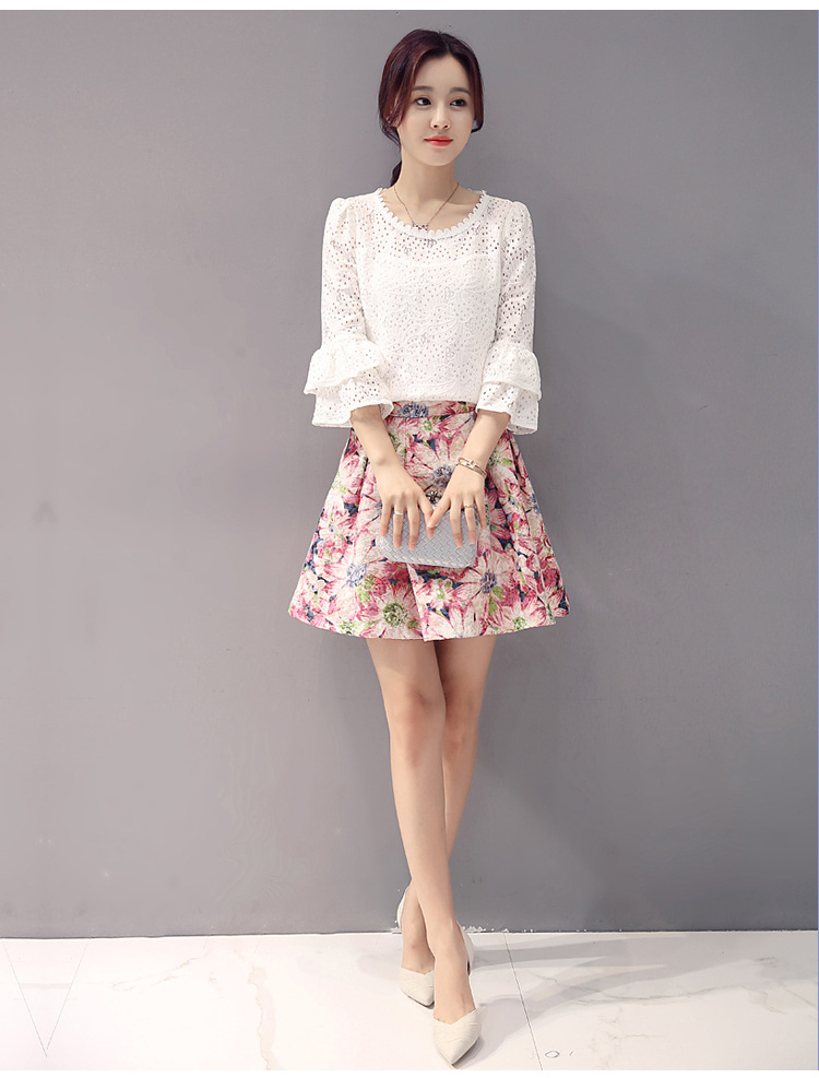秋季韩版新款印花连衣裙 镂空上衣+印花短裙套装女