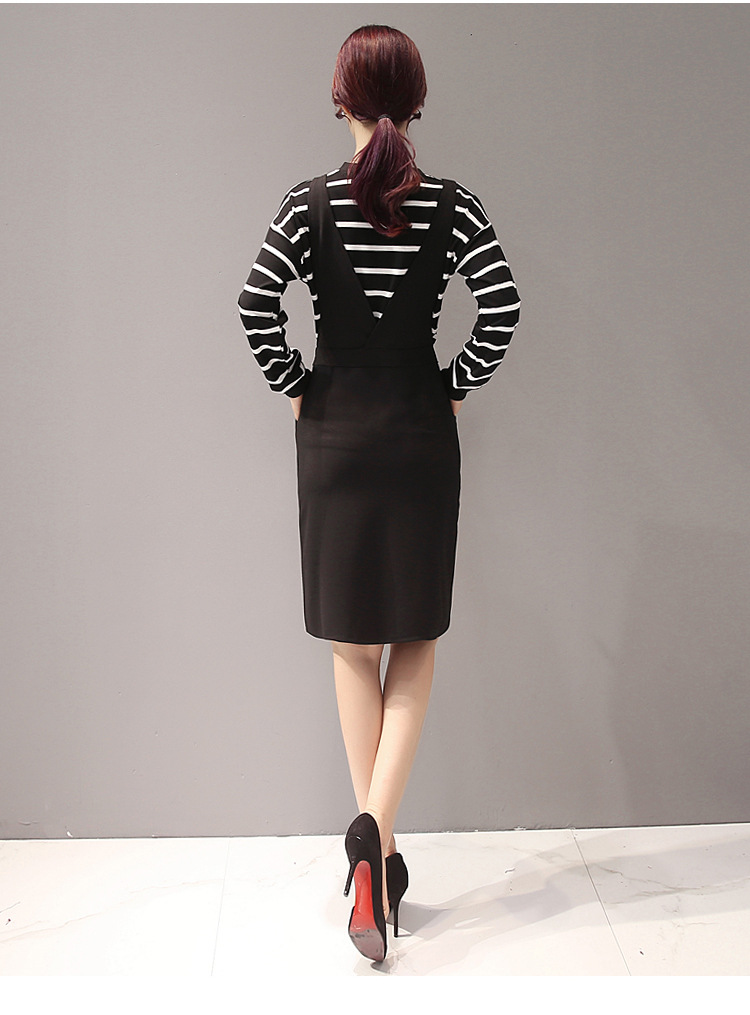 秋季韩版新款连衣裙 条纹上衣+背带裙套装 两件套女