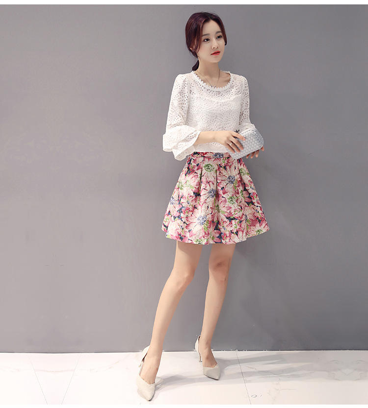 秋季韩版新款印花连衣裙 镂空上衣+印花短裙套装女