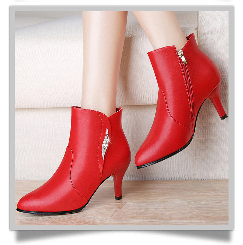 女鞋短靴新款秋单靴高跟裸靴细跟尖头靴子女红色新娘鞋