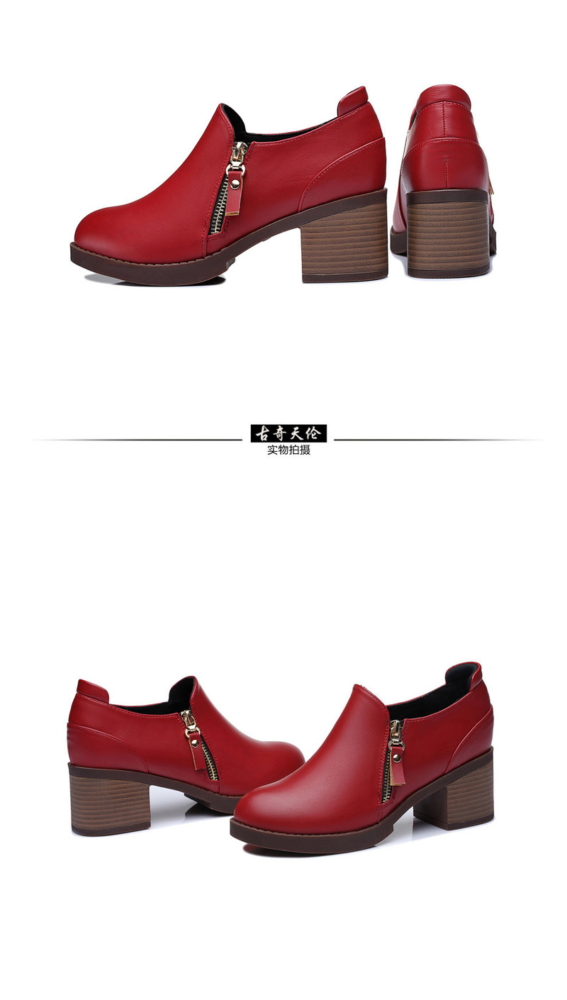 粗跟高跟鞋防水台圆头 秋季新款百搭韩版女士红色单鞋