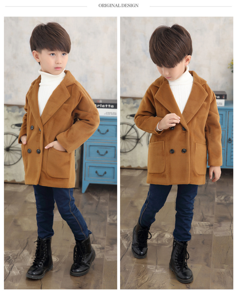冬装新款韩版男童呢子大衣双排扣呢子外套纯色加棉加厚外套
