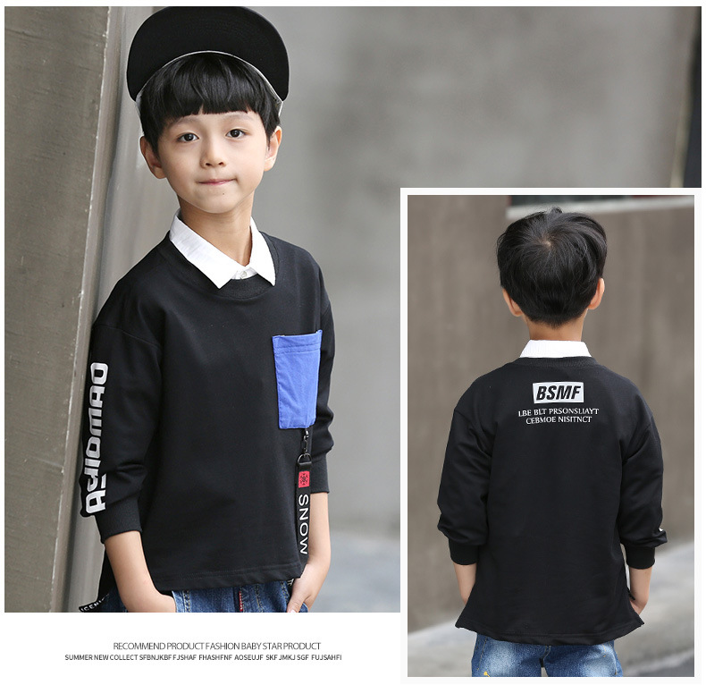 韩版童T恤2017男童口袋挂件打底衫中大儿童长袖上衣童装