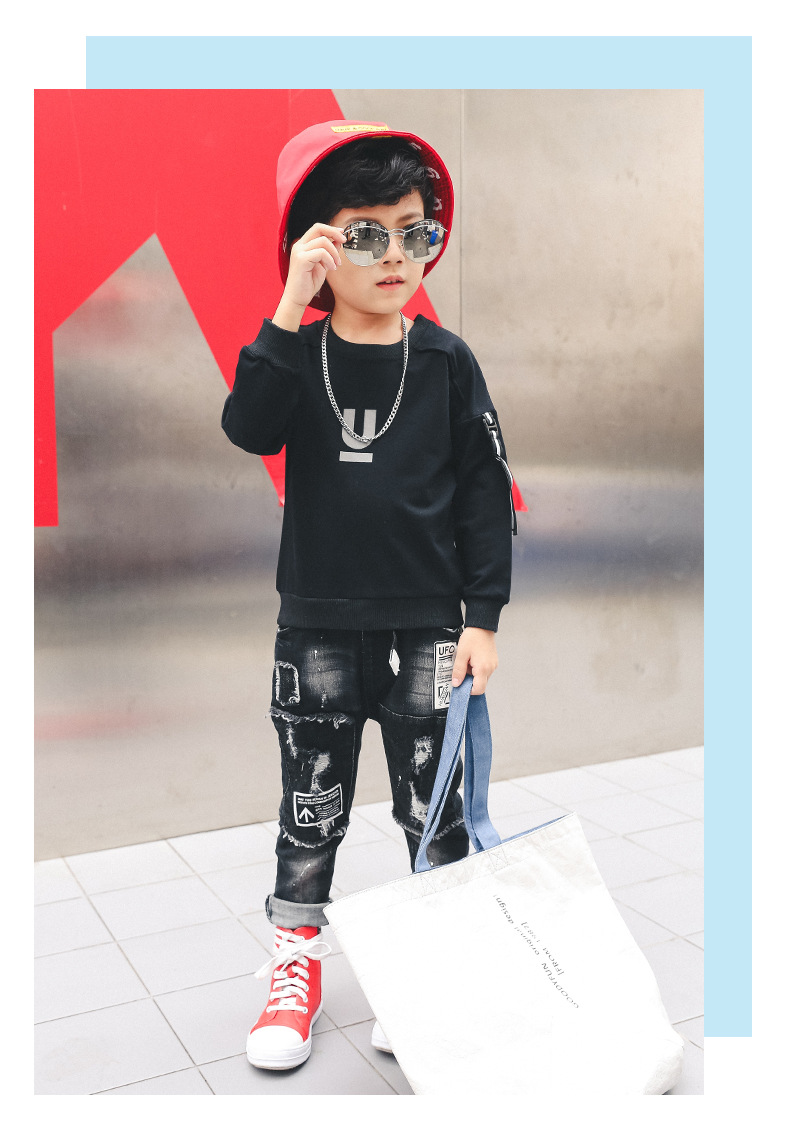 韩版男儿童袖子织带T恤 春秋款字母图案中大童上衣