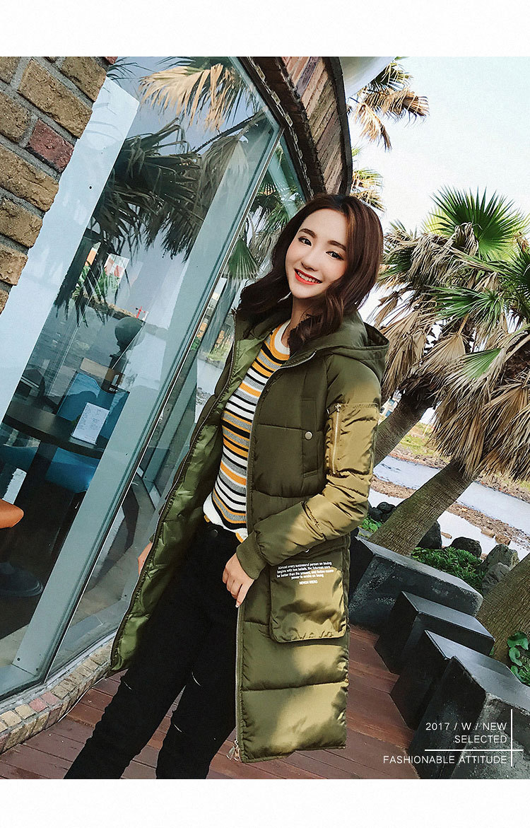2017冬季新款棉服女 韩版中长款修身连帽时尚字母棉衣 保暖外套潮