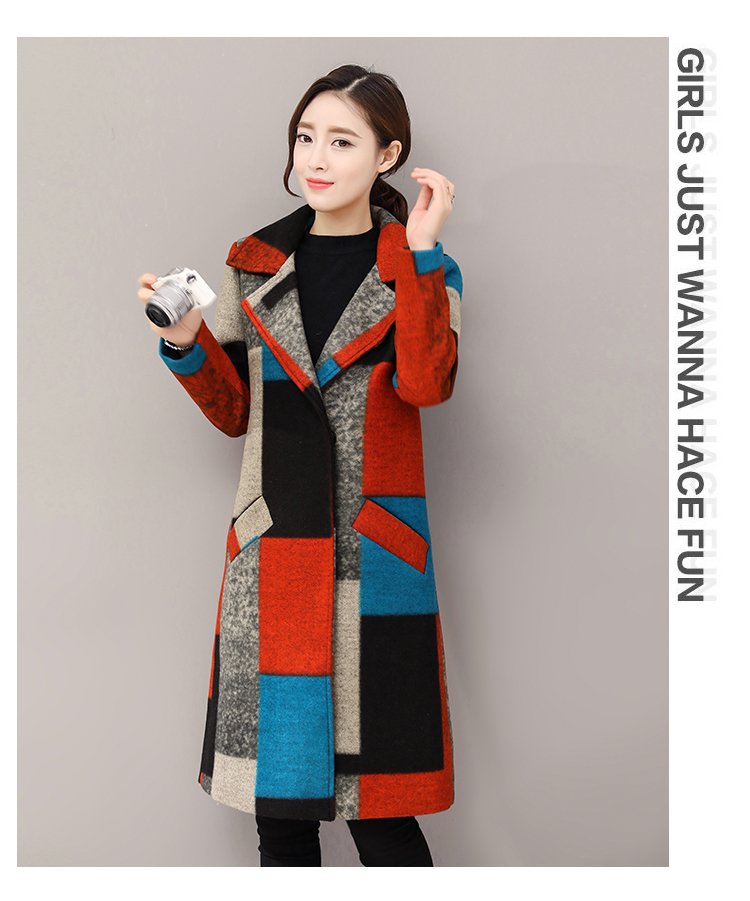2017冬装新品女装韩版彩色格子长袖大码毛呢大衣中长款毛呢外套潮