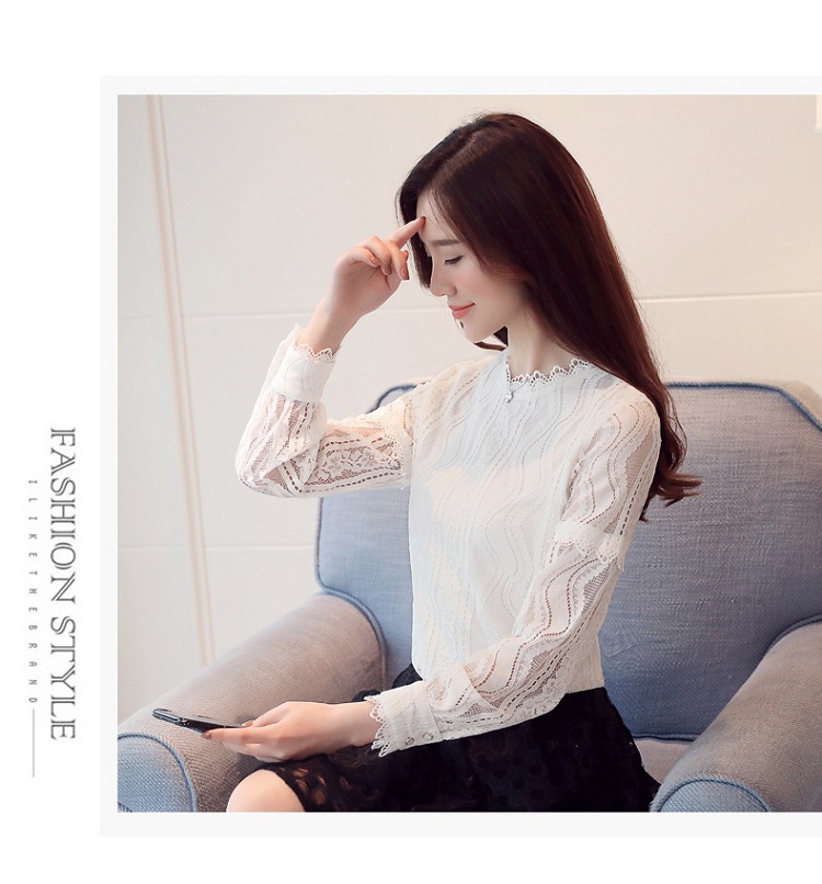 2017新款大码蕾丝上衣女装镂空半高领套头韩版修身长袖打底衫