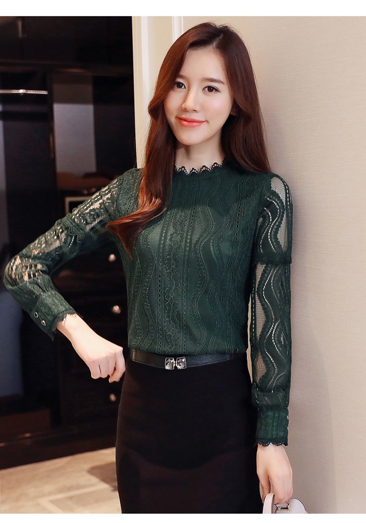 2017新款大码蕾丝上衣女装镂空半高领套头韩版修身长袖打底衫