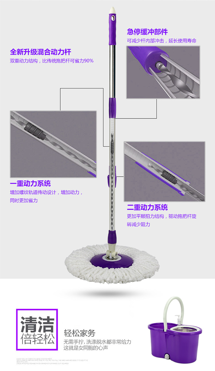 利临紫色手按双驱动旋转甩水拖把不锈钢花篮共2个白色替换头