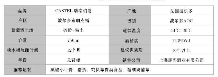 法国CASTEL红酒卡思黛乐瑞泰伯爵波尔多干红葡萄酒Bordeaux750ml