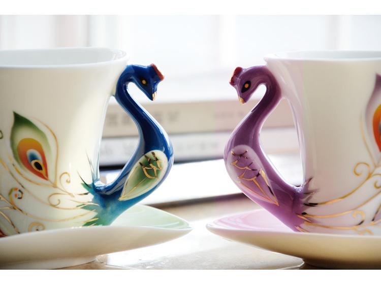  乐享 景德镇陶瓷珐琅瓷孔雀杯咖啡杯套装 创意礼品陶瓷器