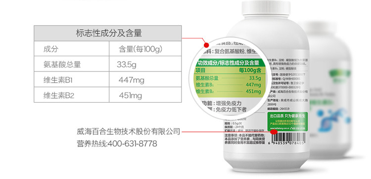 百合康 复合氨基酸维生素B1维生素B2片0.5gx80粒 增强免疫力