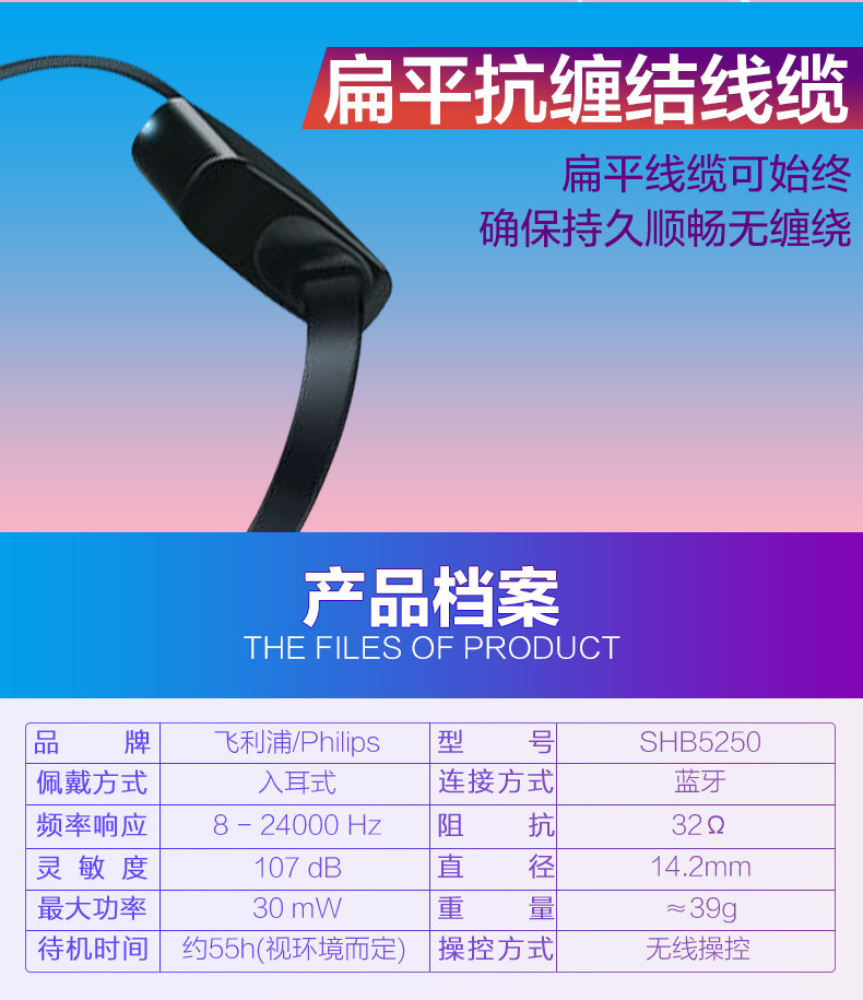 飞利浦/PHILIPS SHB5250 耳塞入耳式耳机 无线蓝牙运动耳麦 游戏/音乐/手机耳机