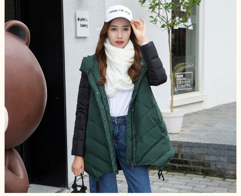 梦娜世家2017年女士新品中长款A版拼接修身时尚保暖韩版羽绒服A36