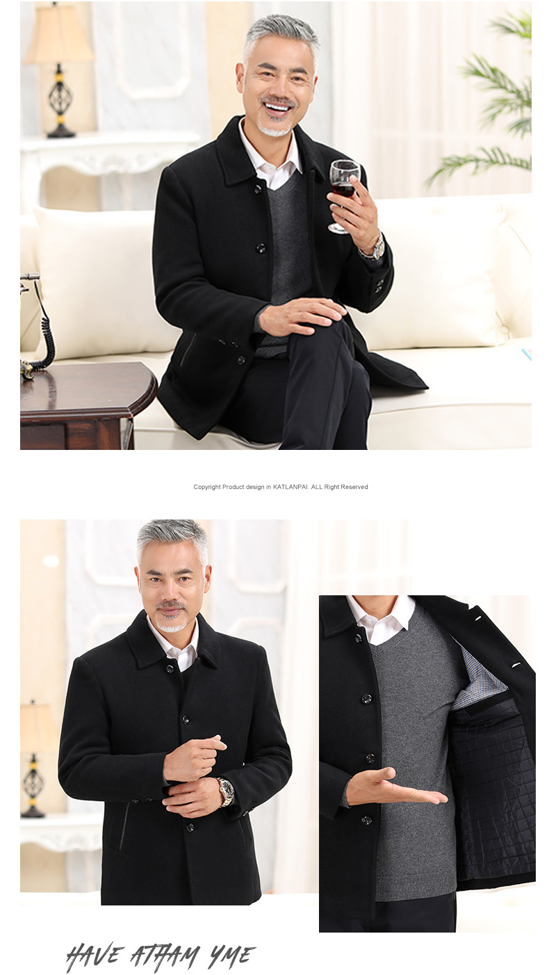 梦娜世家新款中老年男士中长款加厚55%羊毛呢子大衣MN81435