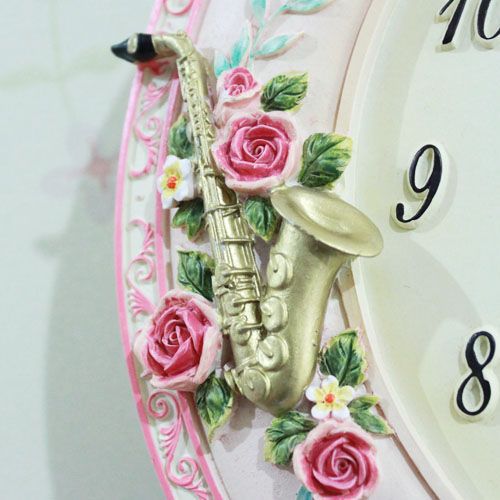 欧式田园 乐器玫瑰浪漫味道时尚小花钟树脂壁饰挂钟 。