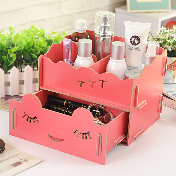 DIY桌面笑脸木质杂物收纳盒/时尚精品化妆盒 小物件放置归纳整理 。