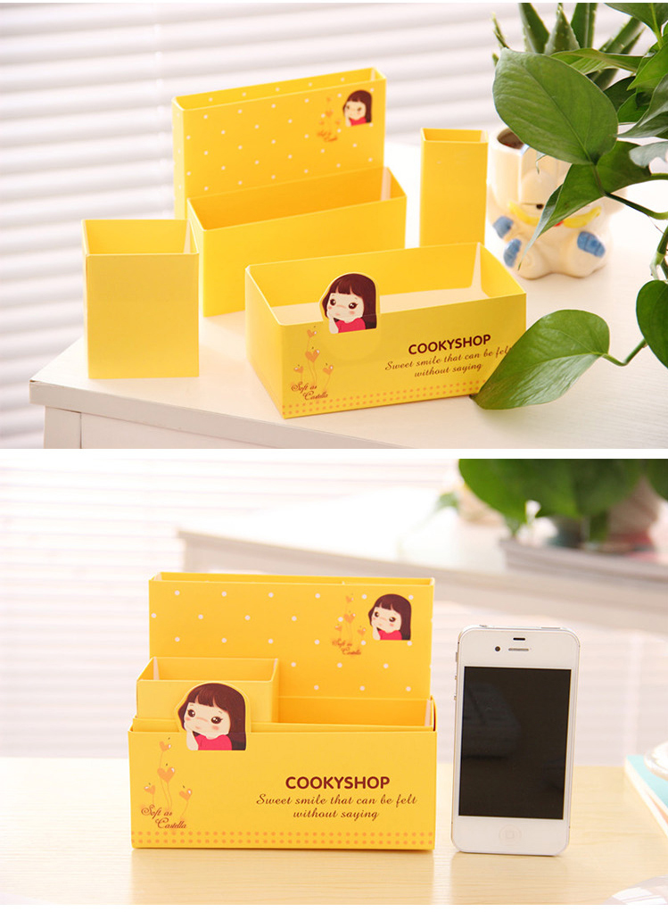普润 韩国可爱卡通小妞子纸质笔筒DIY桌面收纳盒 咖啡色。