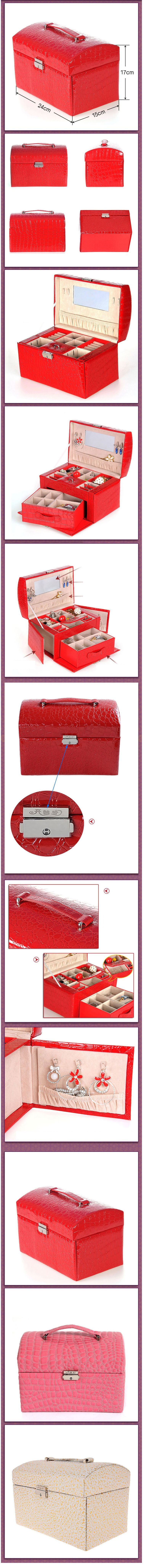 开馨宝欧式可侧开门双层大容量首饰盒/饰品收纳盒-大红色鳄鱼纹（K8528-1）。